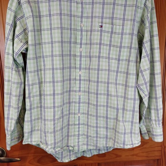 Tommy Hilfiger Plaid Shirt Large Green White Blue Cotton Button Down - Picture 3 of 6